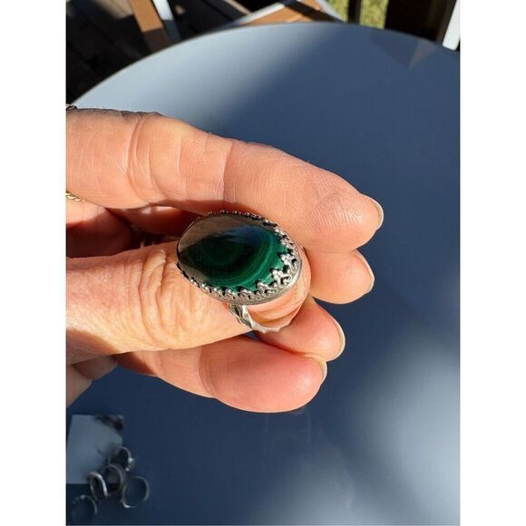 Ring, Green African Malachite and Sterling Silver Ring, Statement Ring, size 8, - Picture 8 of 8